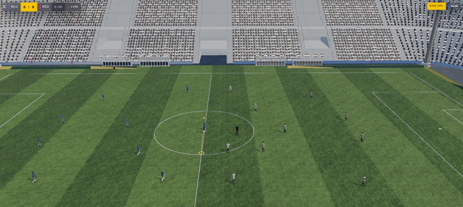 Captura del juego en marcha: un partido visto desde arriba, con el marcador, la grada y las vallas del campo.
