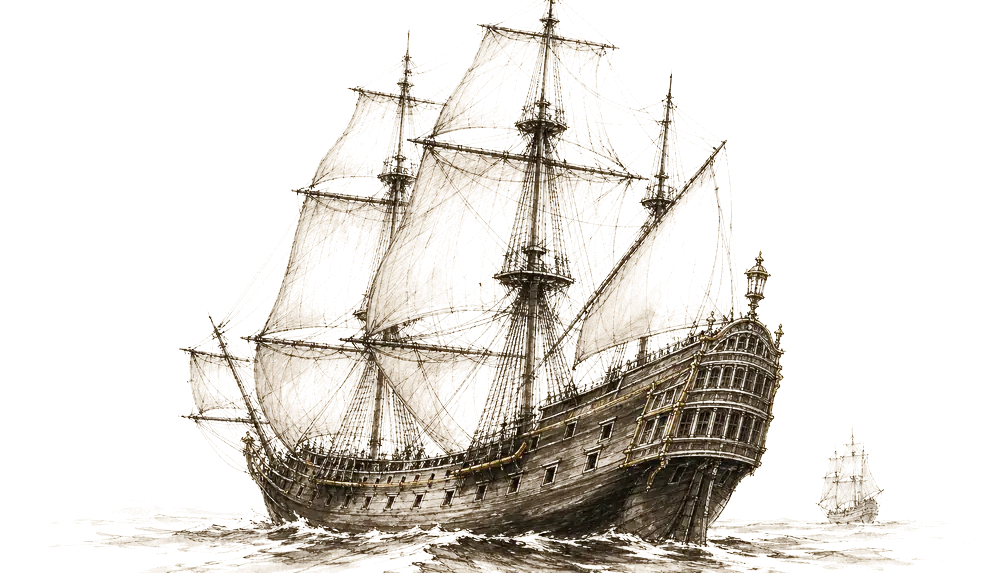 Dibujo a tinta de un galeón del siglo XVI a toda vela, con un segundo barco en el horizonte.